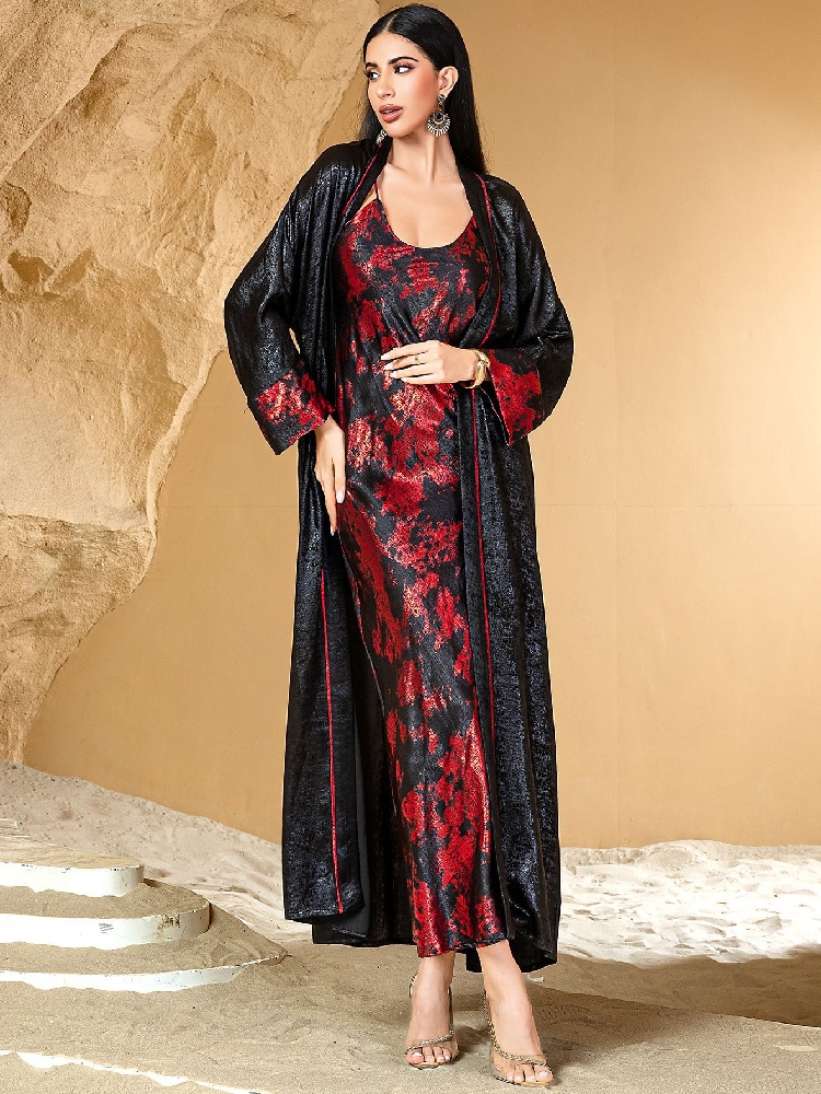 Embroidery Kebaya - أسود أحمر مفتوح كيمونو عباية دامن